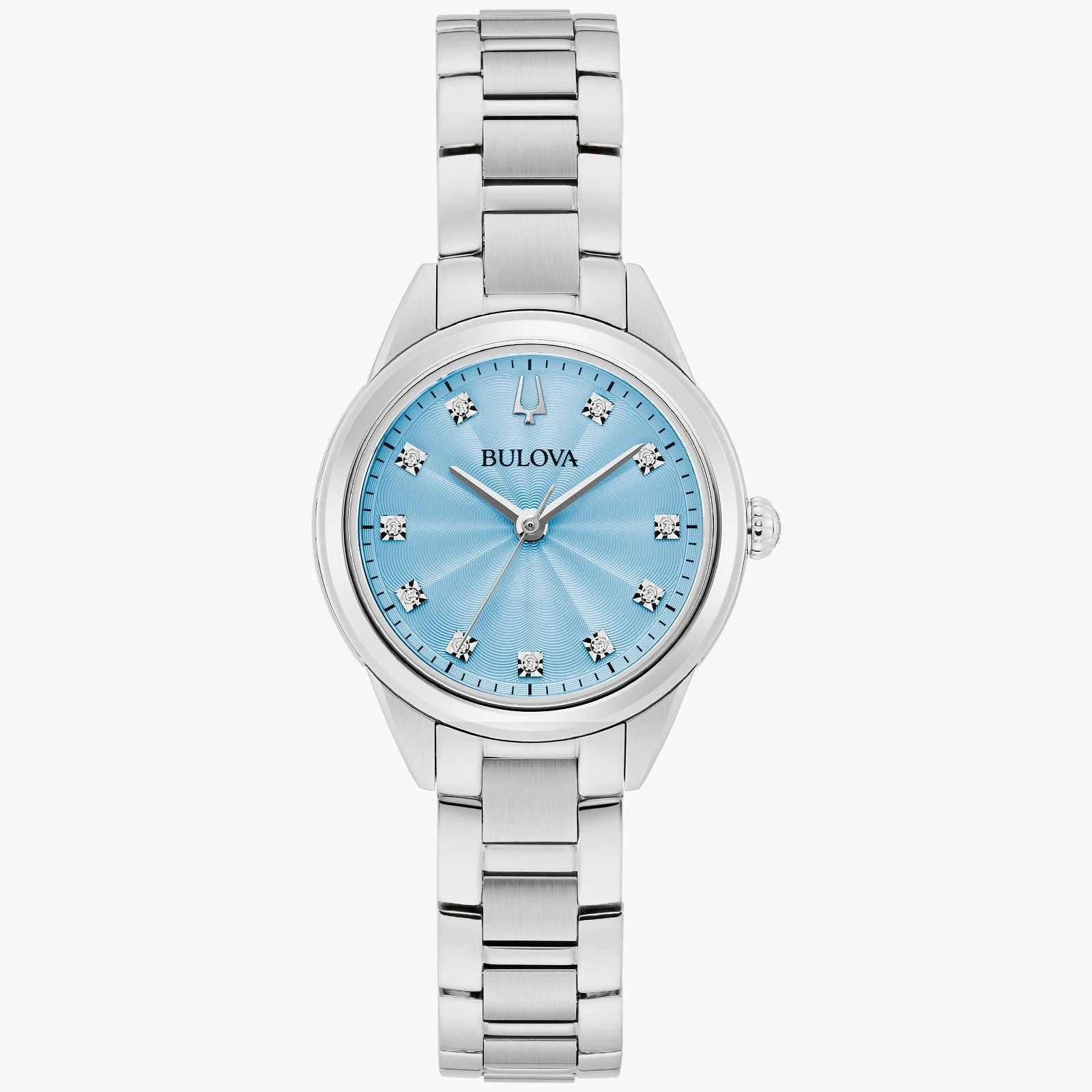 Elegant silver wristwatch with a light blue face and silver bracelet.