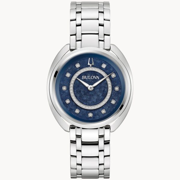 Elegant silver wristwatch with a blue dial and diamond hour markers.