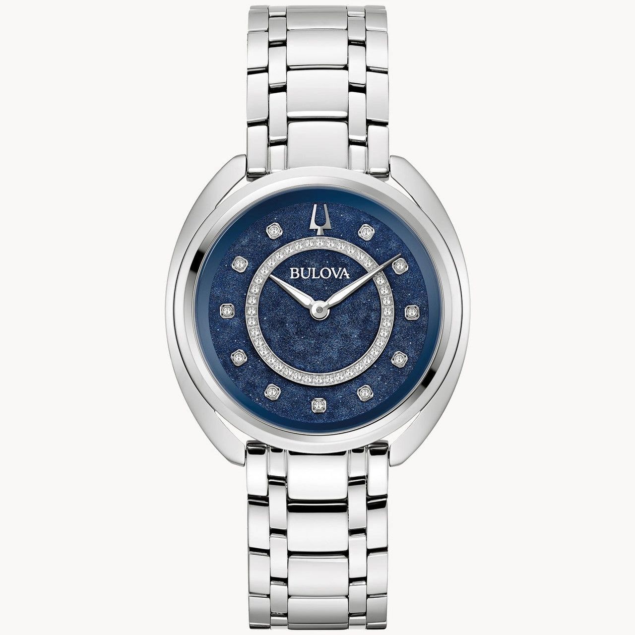 Elegant silver wristwatch with a blue dial and diamond hour markers.