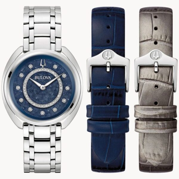 A stylish watch with interchangeable straps in silver, blue, and gray.