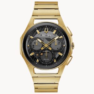 Elegant gold wristwatch with a black and gold dial.