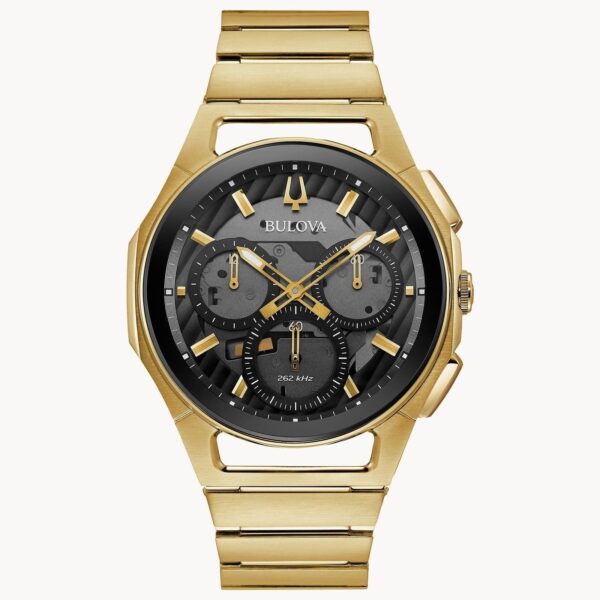 Elegant gold wristwatch with a black and gold dial.