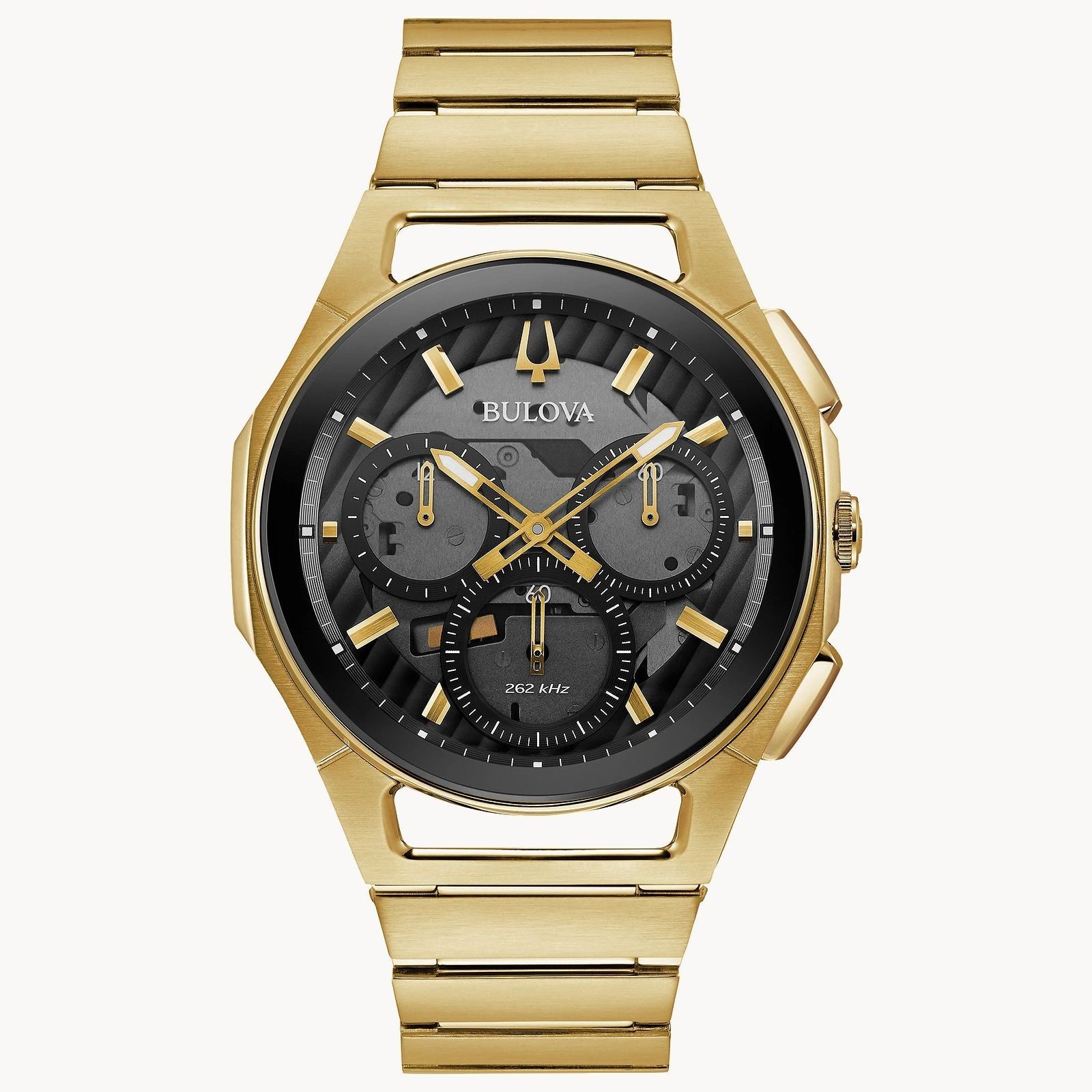 Elegant gold wristwatch with a black and gold dial.