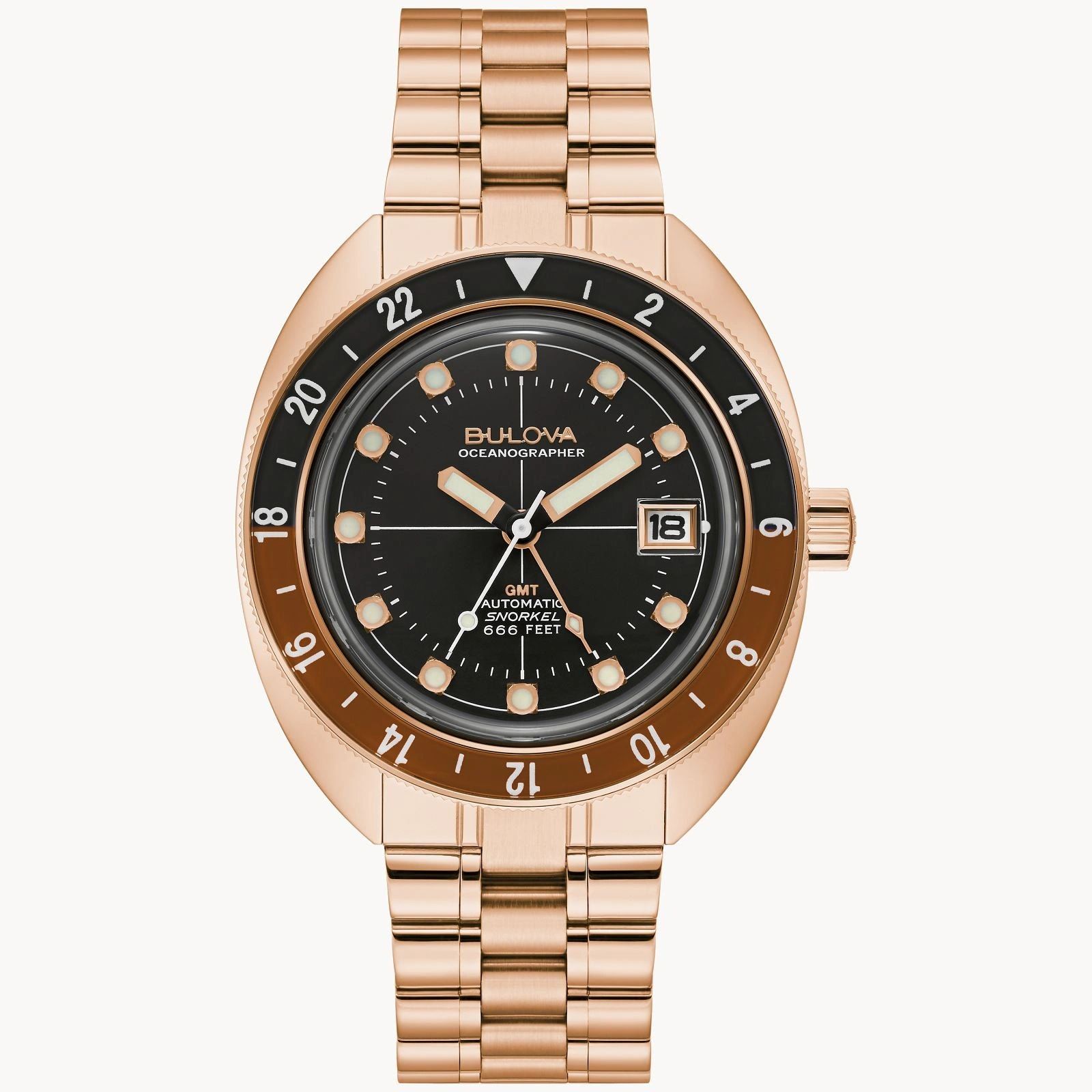 Elegant rose gold wristwatch with black dial and date display.