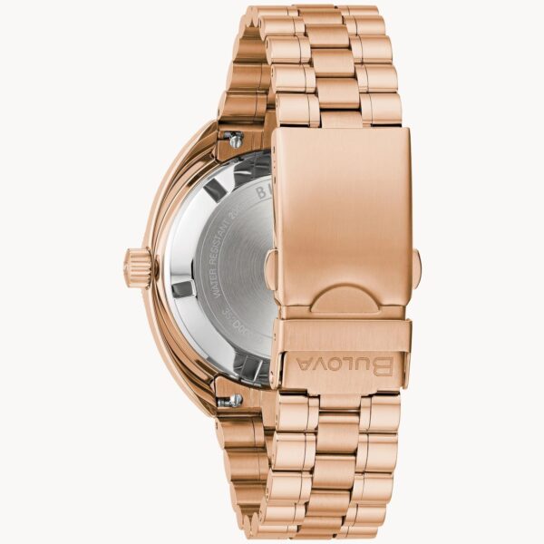 Rose gold wristwatch with a metal link band and clasp.