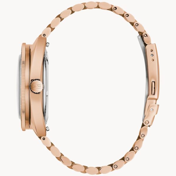 Side view of an elegant rose gold wristwatch with a linked metal band.