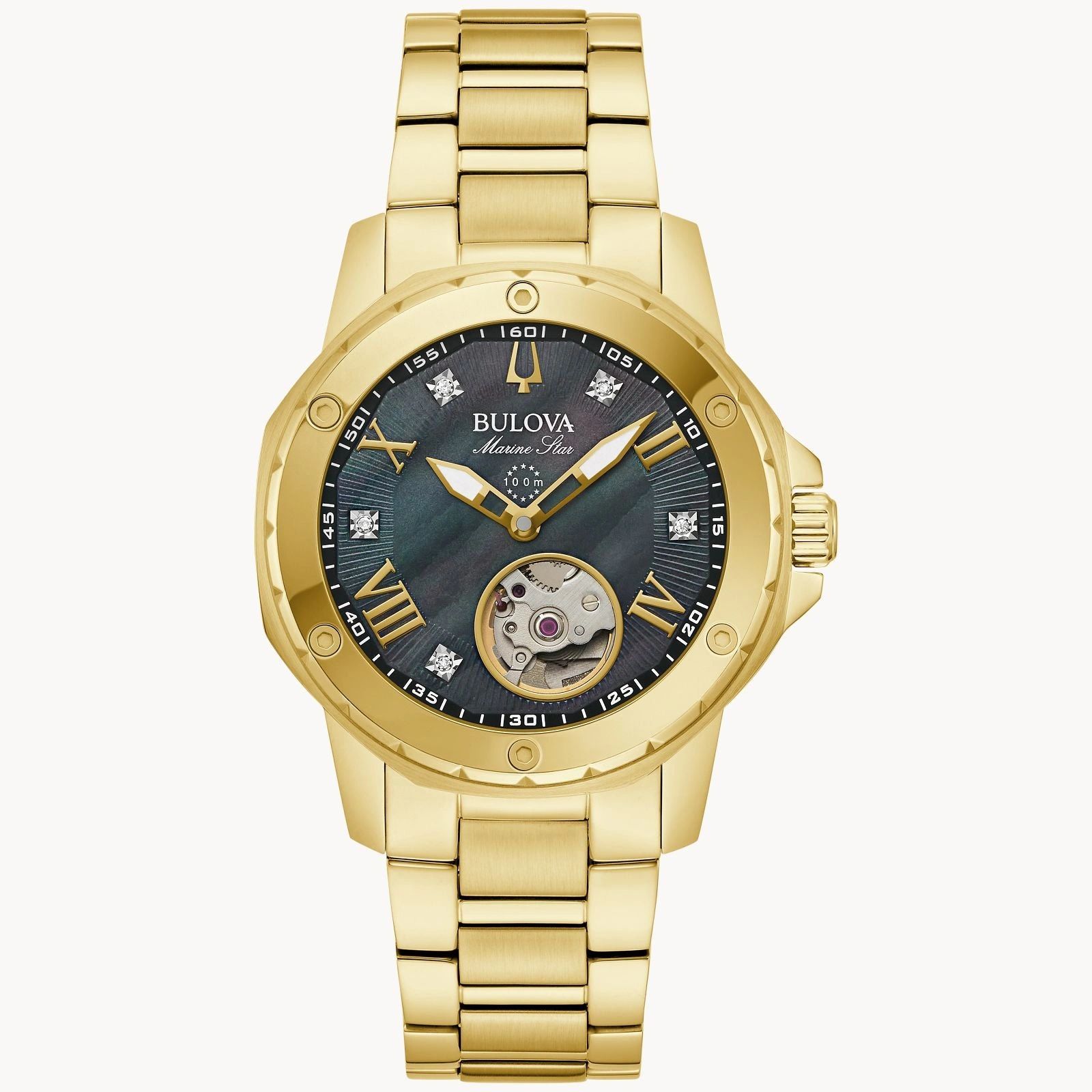 Elegant gold-tone wristwatch with black dial and mechanical movement.
