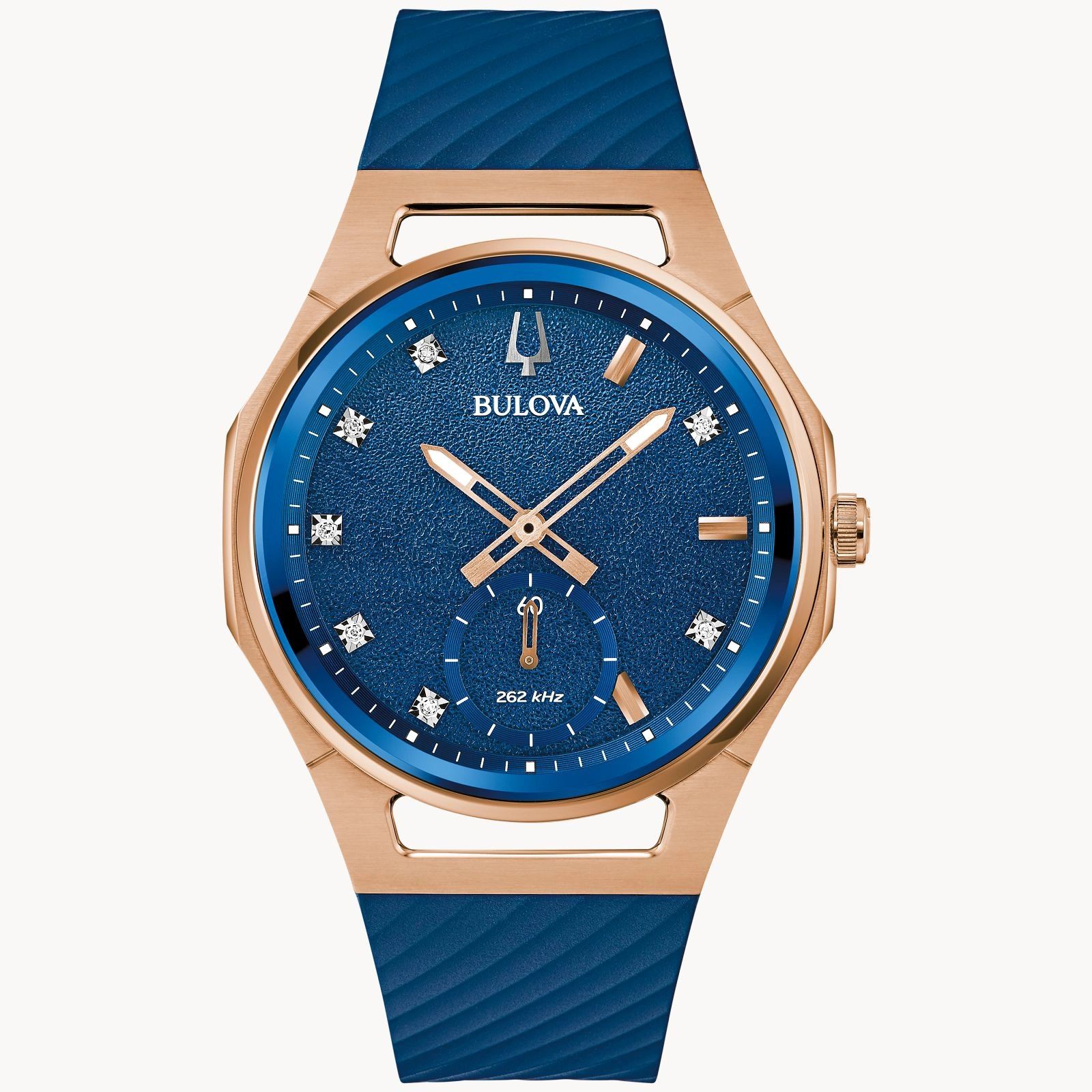 Elegant blue and rose gold wristwatch with diamond-like markers.