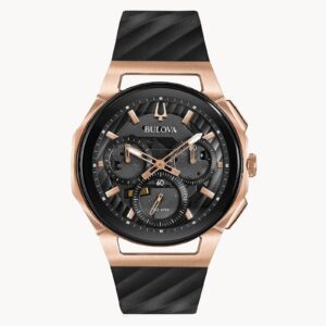 Elegant black and rose gold wristwatch with a textured strap.