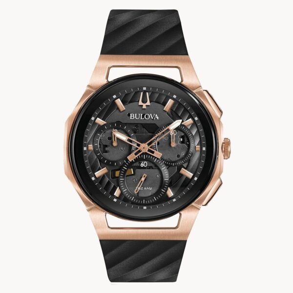Elegant black and rose gold wristwatch with a textured strap.