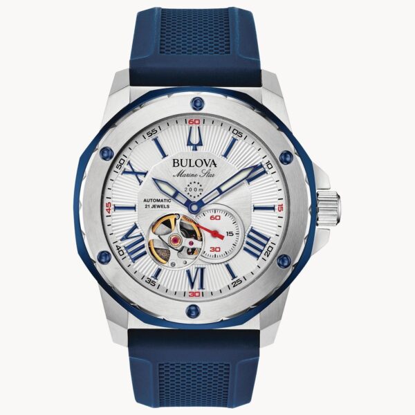 Elegant silver watch with blue accents and a blue strap.