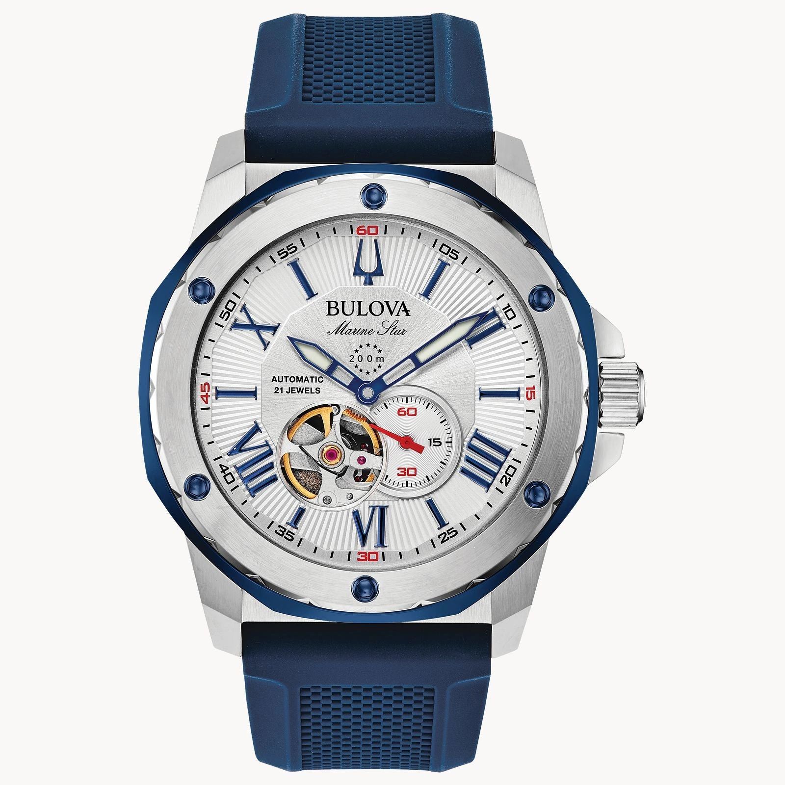 Elegant silver watch with blue accents and a blue strap.