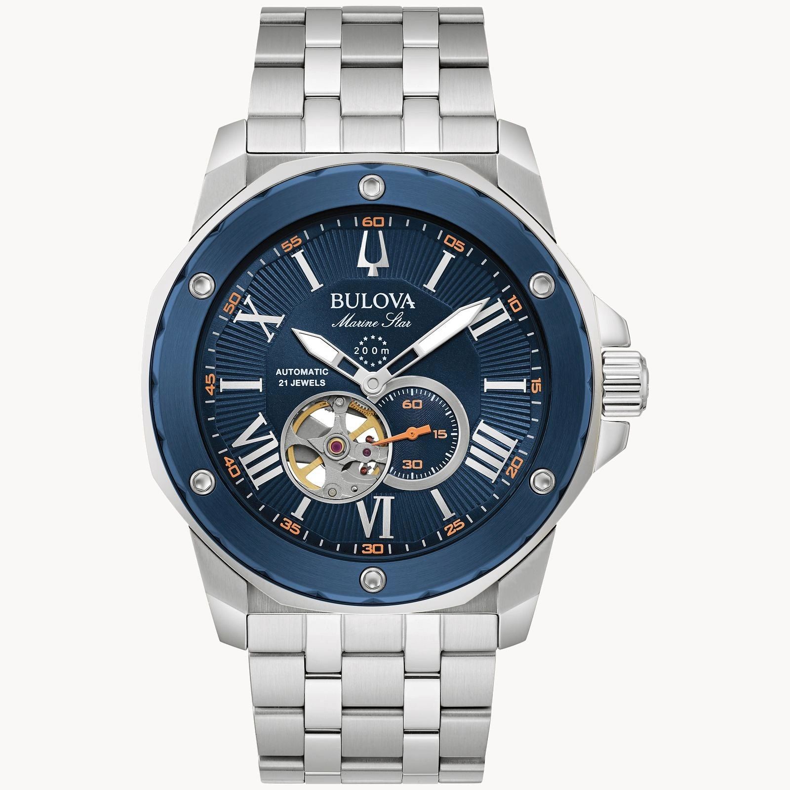Silver wristwatch with blue dial and metal strap.