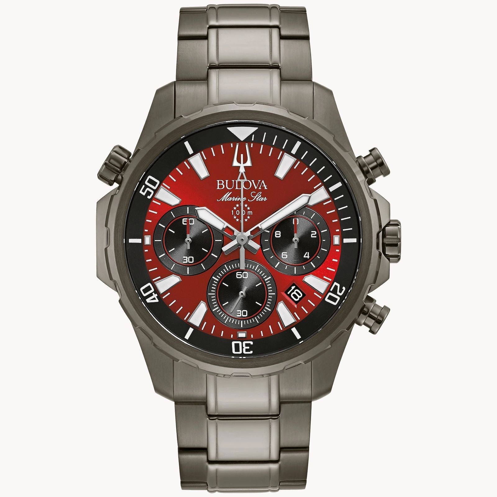 Titan chronograph wristwatch with red and black dial and metal strap.