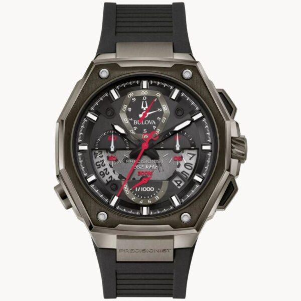 A sporty black and grey wristwatch with red accents and a rubber strap.