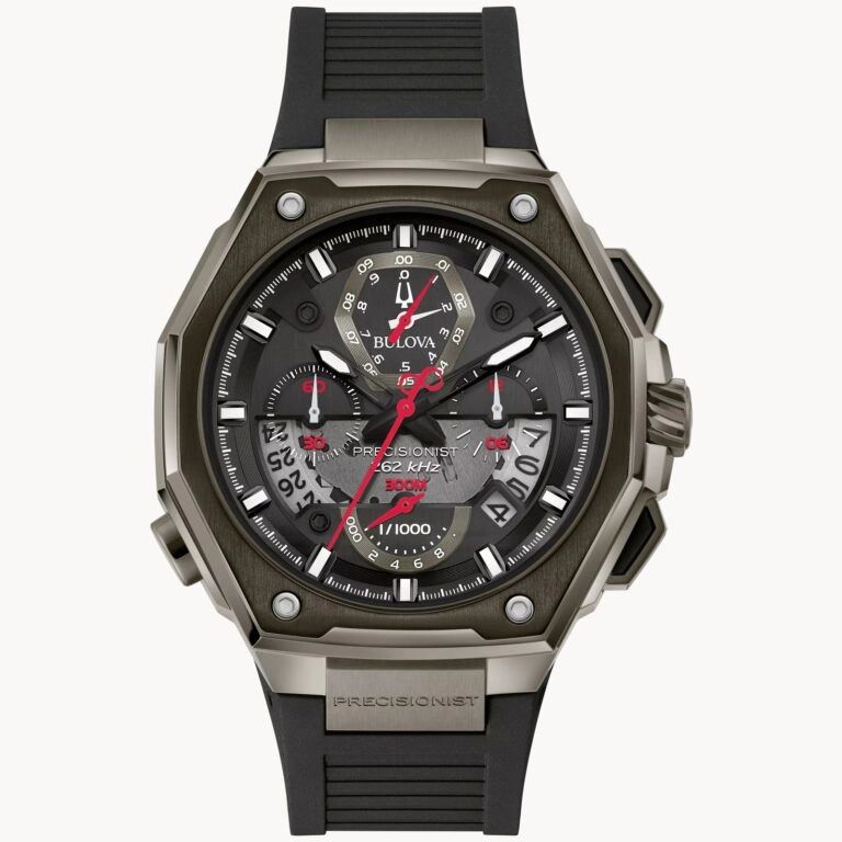 A sporty black and grey wristwatch with red accents and a rubber strap.