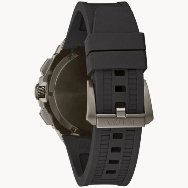 Back view of a black wristwatch with a textured rubber strap and metal buckle.
