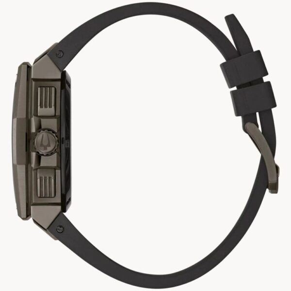 Side view of a black digital wristwatch with a rubber strap.