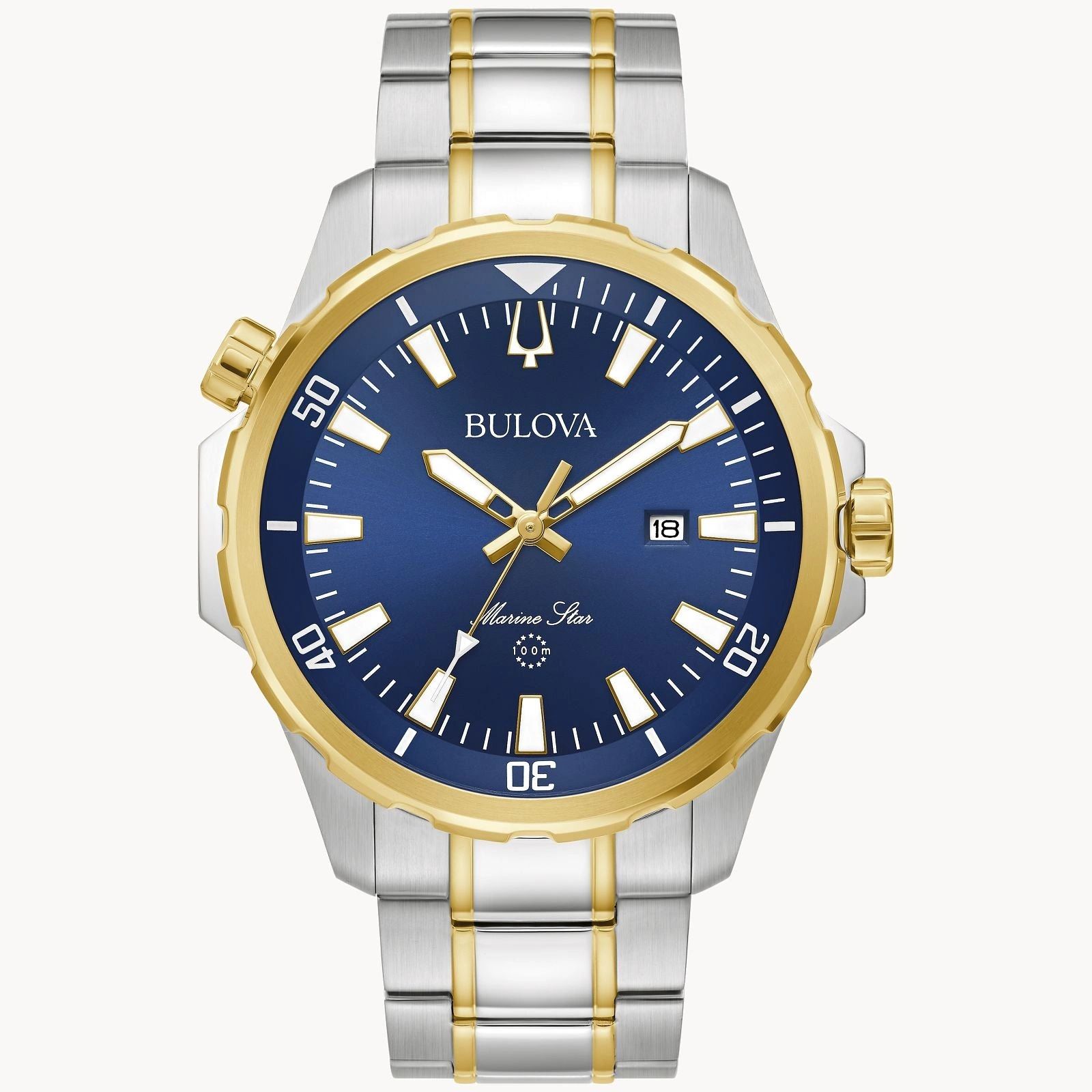 Two-tone silver and gold Bulova wristwatch with a blue dial and date display.
