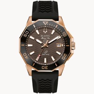 Luxurious rose gold and black sports watch with a bold design.