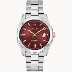 Elegant silver wristwatch with a deep red dial and date display.