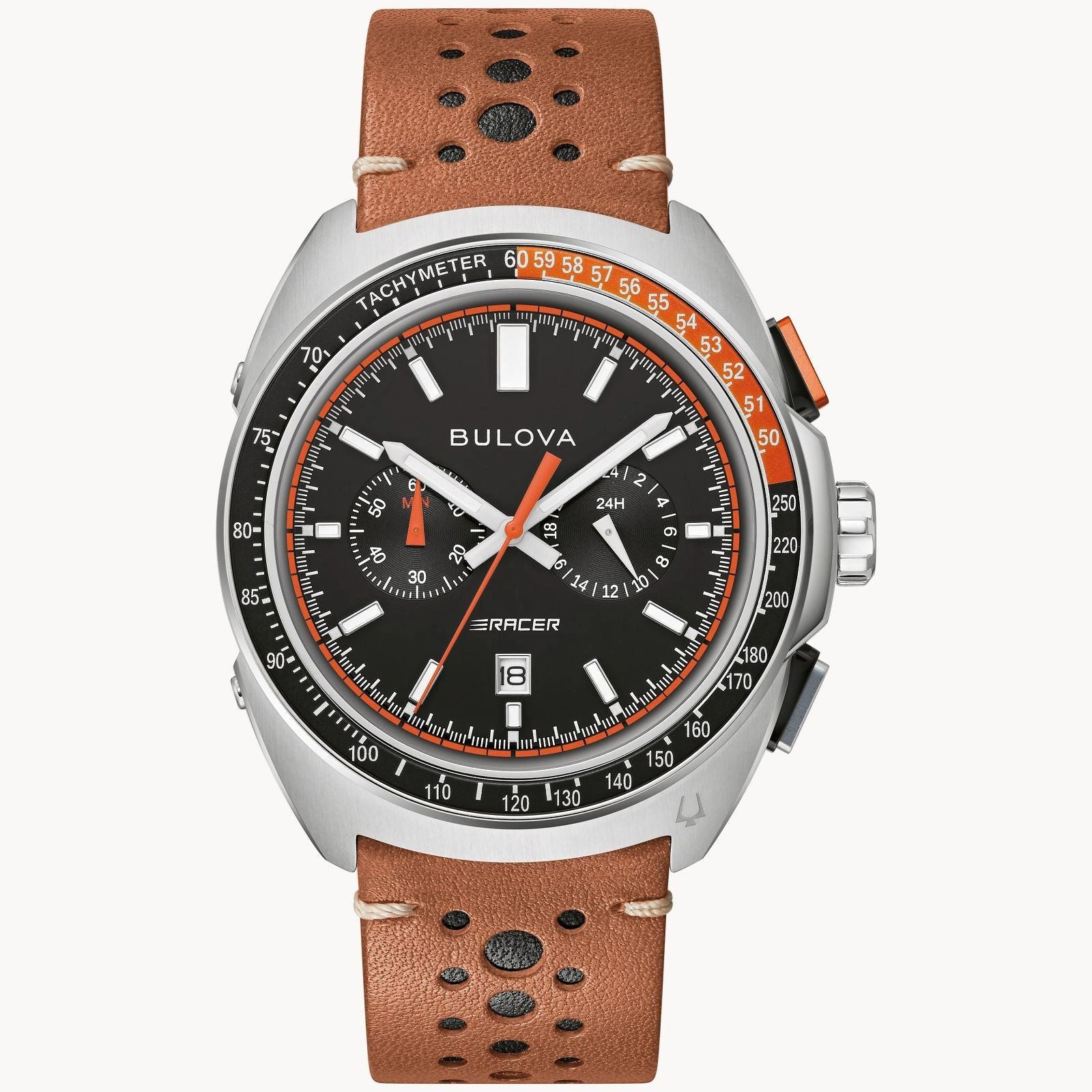 A stylish wristwatch with a brown perforated leather strap and a black dial.