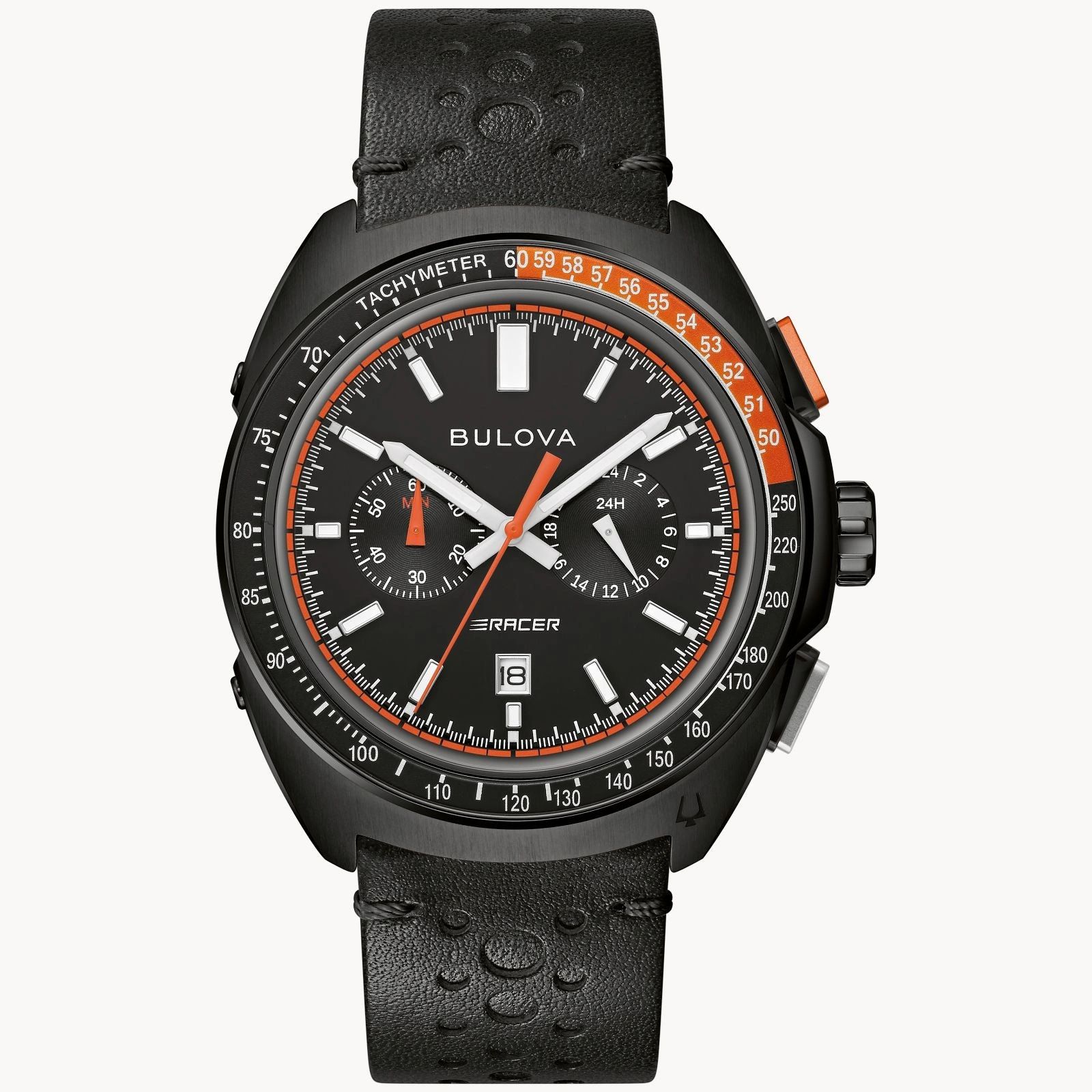 Black chronograph wristwatch with orange accents and perforated leather strap.
