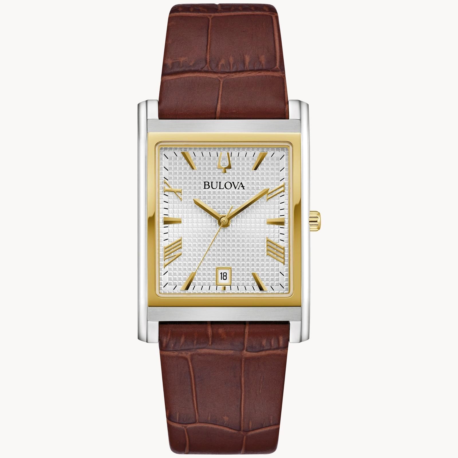Elegant rectangular watch with brown leather strap and gold-accented white dial.