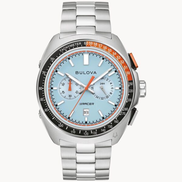 Silver Bulova chronograph watch with blue dial and orange accents.