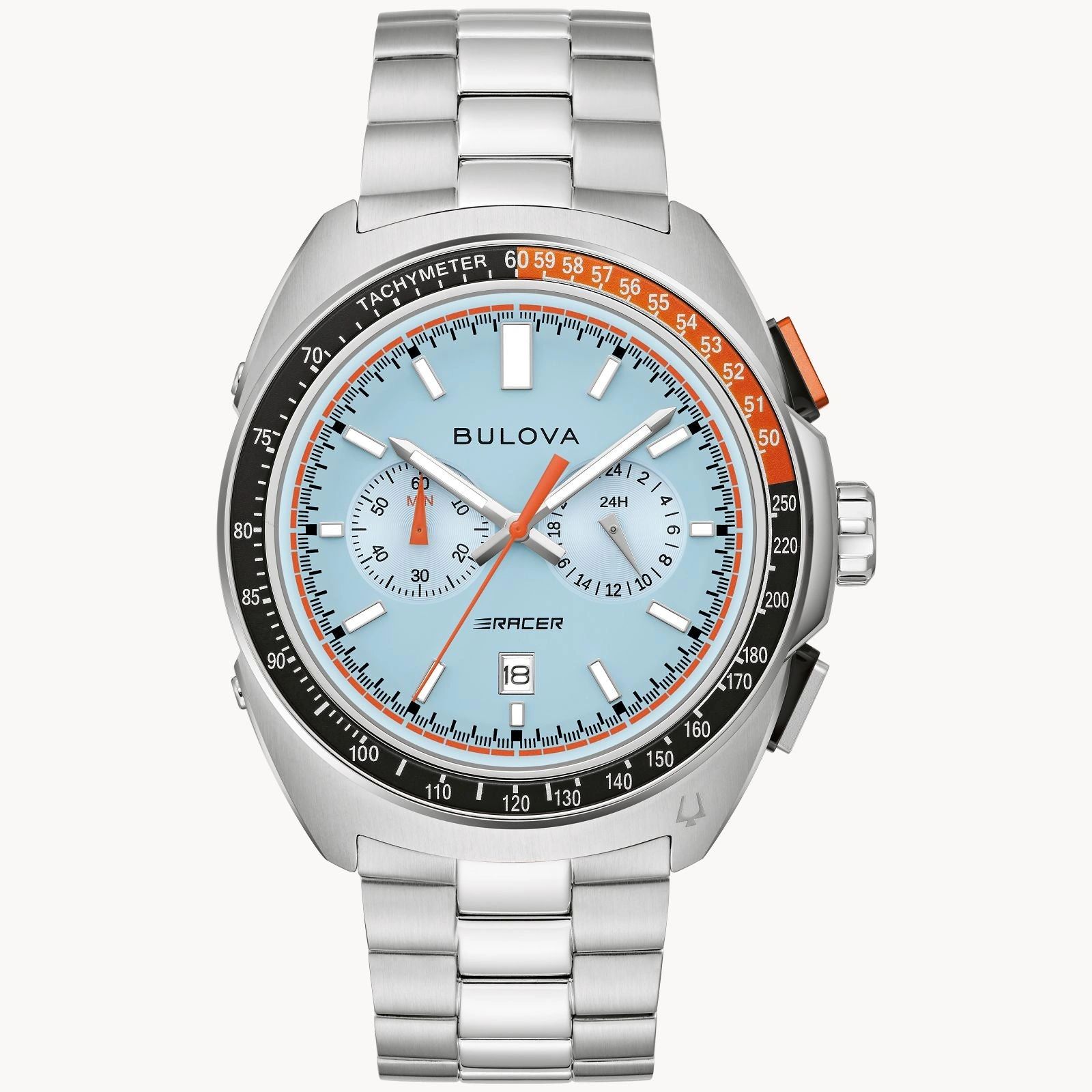 Silver Bulova chronograph watch with blue dial and orange accents.