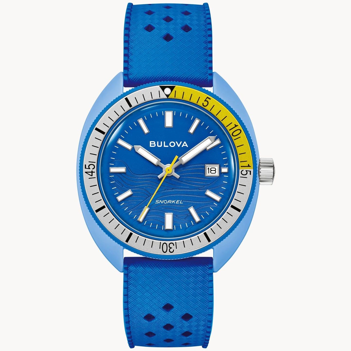 Blue wristwatch with perforated strap and date display.