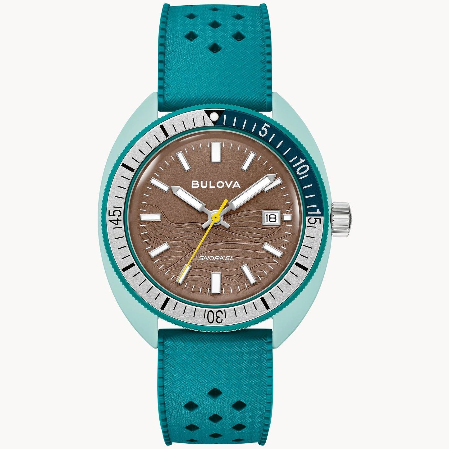 Teal wristwatch with brown dial and date display.