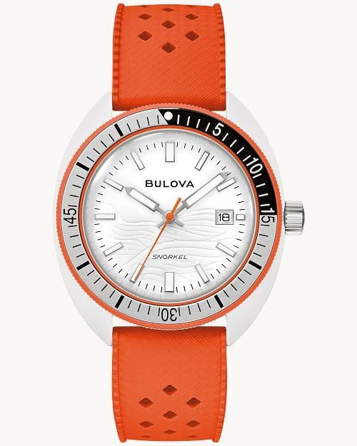 Orange Bulova watch with white dial and date display.