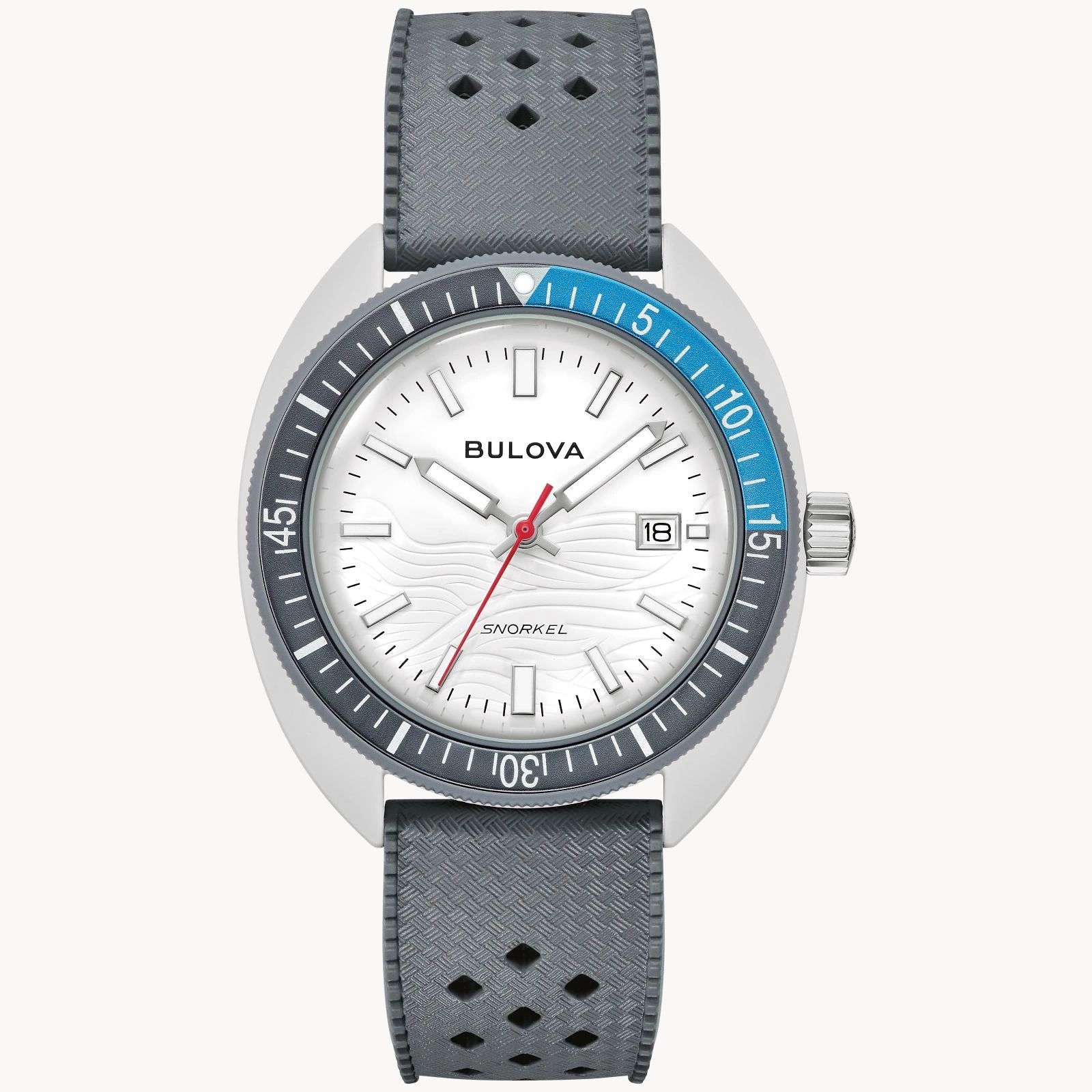 Stylish Bulova wristwatch with a gray perforated leather strap and blue-accented bezel.