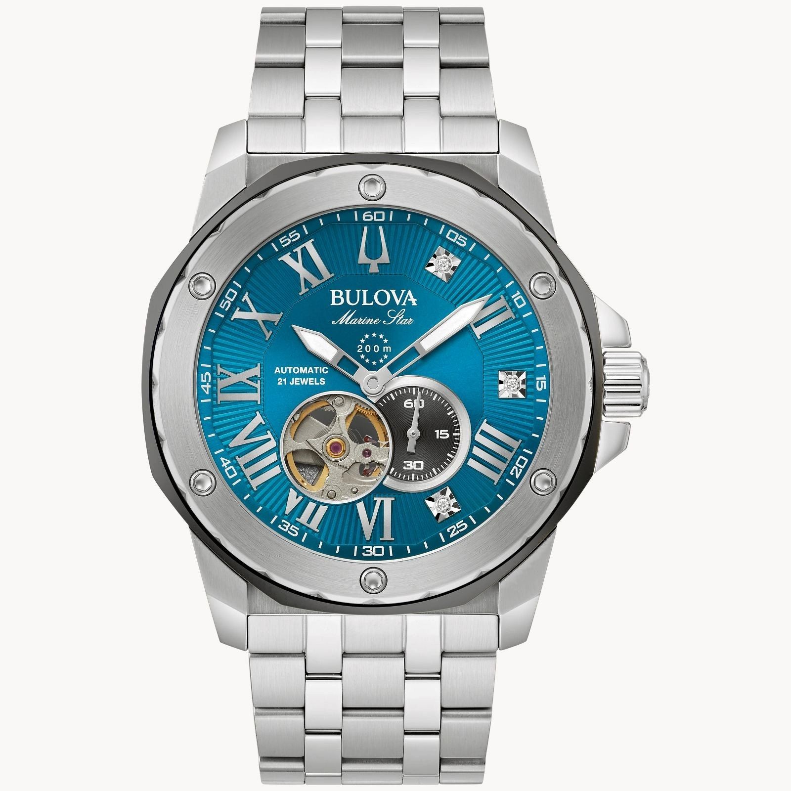 Silver wristwatch with blue dial and Roman numerals.