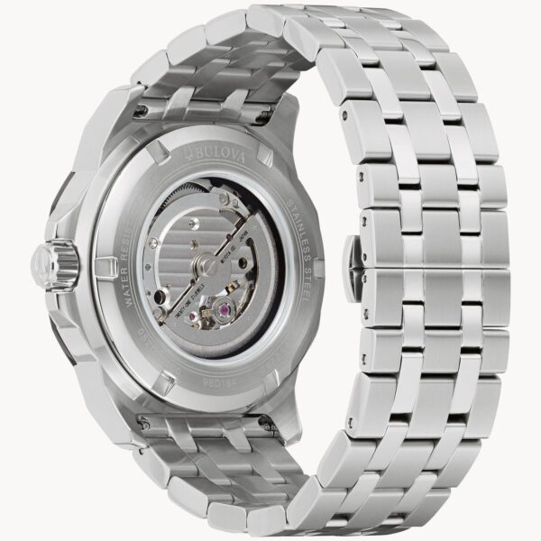 Close-up of a silver metal watch back and bracelet.