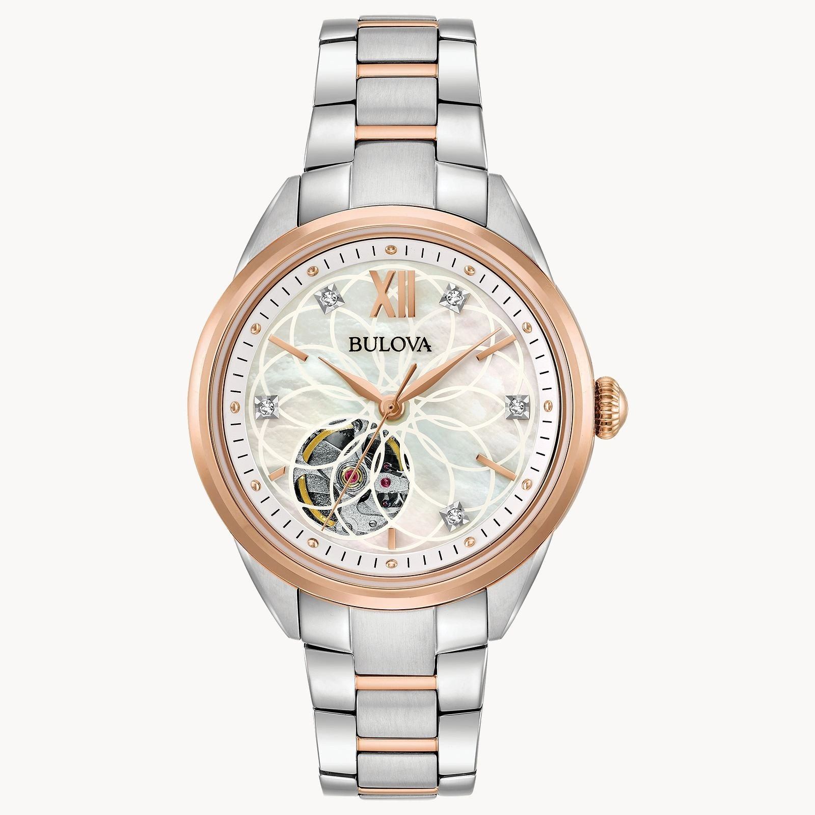Elegant silver and rose gold Seiko watch with an intricate dial.