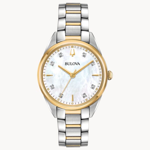 Elegant Bulova wristwatch with two-tone metal band and diamond hour markers.