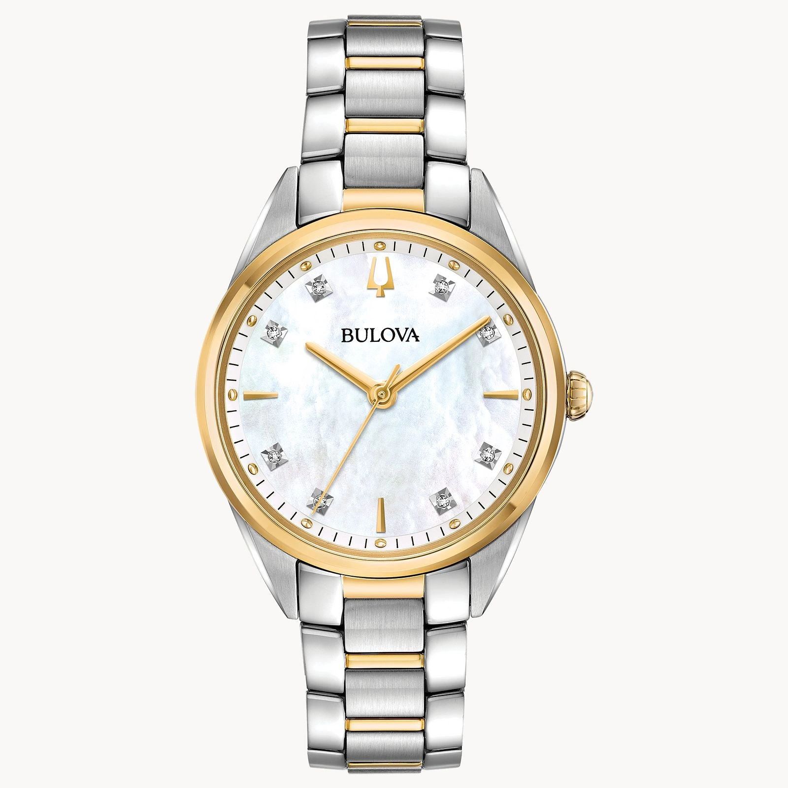 Elegant Bulova wristwatch with two-tone metal band and diamond hour markers.