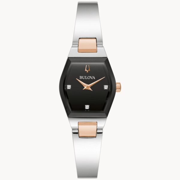 Elegant silver and rose gold women's wristwatch with a black face.