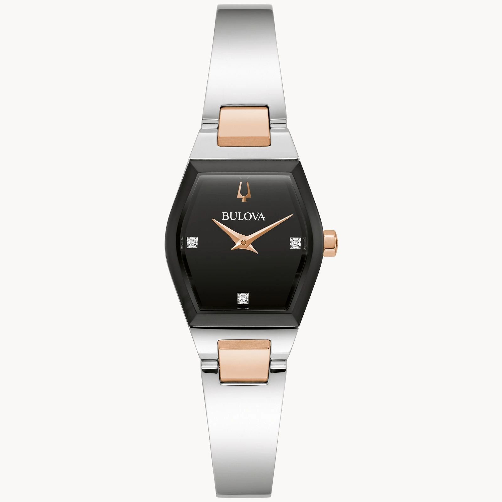 Elegant silver and rose gold women's wristwatch with a black face.
