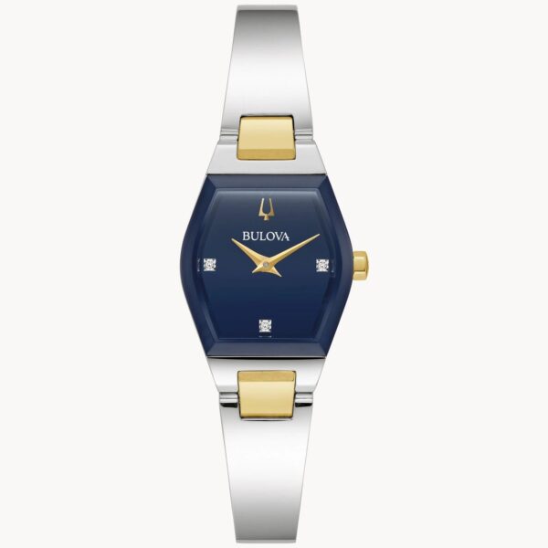 Elegant silver and gold wristwatch with a blue diamond-accented face.