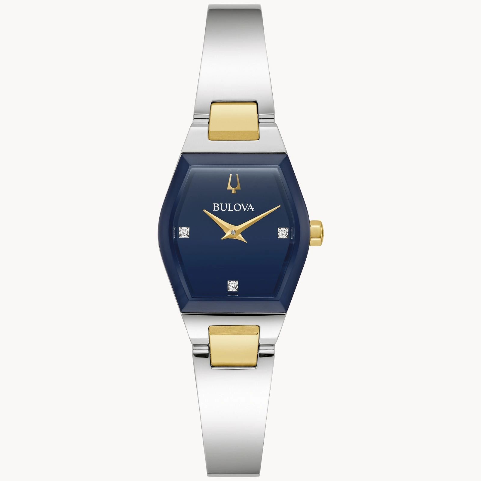 Elegant silver and gold wristwatch with a blue diamond-accented face.