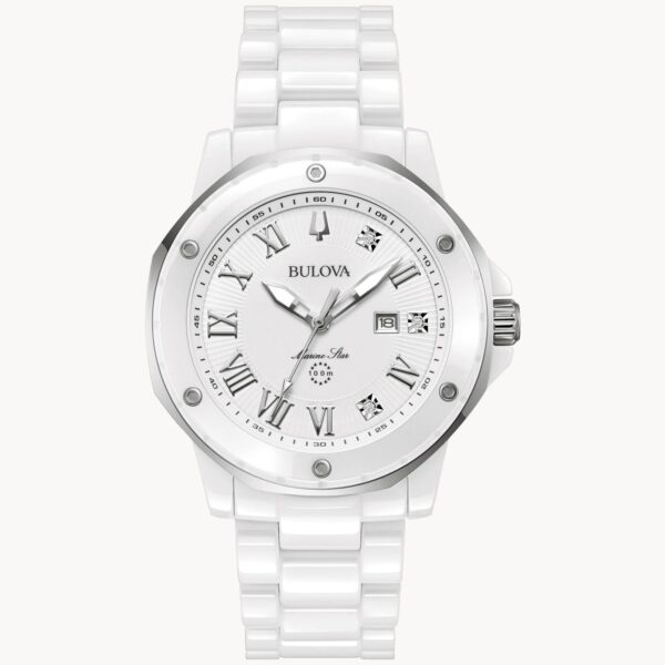 Elegant white ceramic wristwatch with Roman numerals and diamond accents.