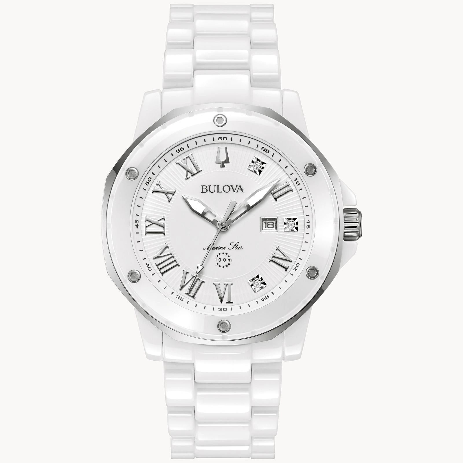 Elegant white ceramic wristwatch with Roman numerals and diamond accents.