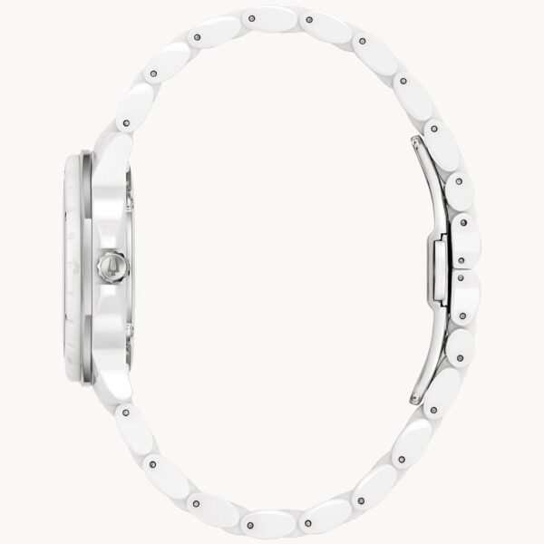 Side view of a sleek silver wristwatch with a metal link band.