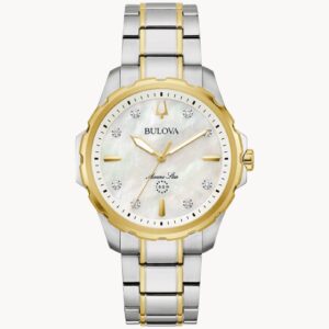 Elegant silver and gold wristwatch with a white dial and date display.