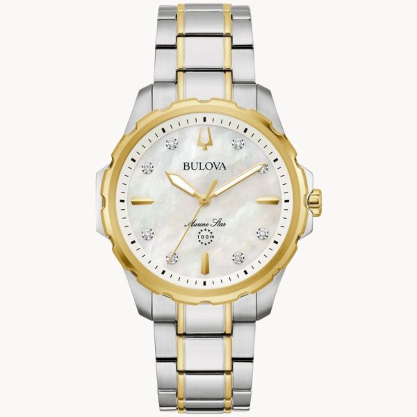 Elegant silver and gold wristwatch with a white dial and date display.