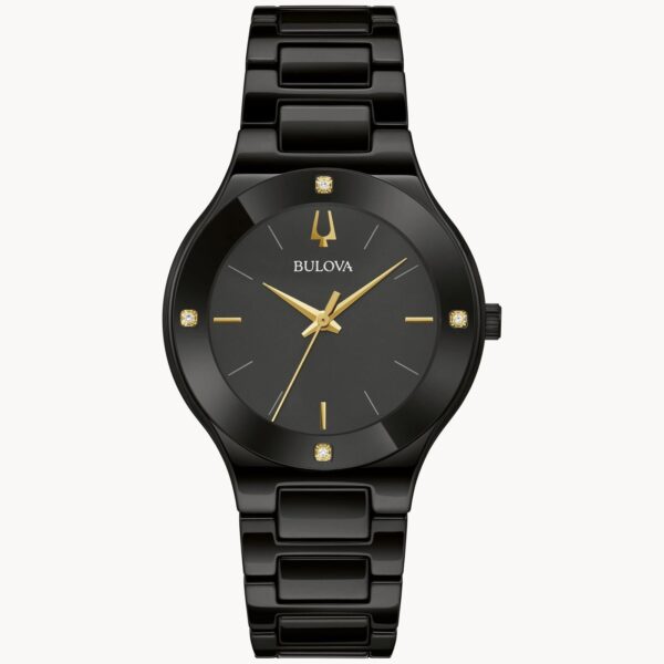 Elegant black and gold wristwatch with a sleek metal band.