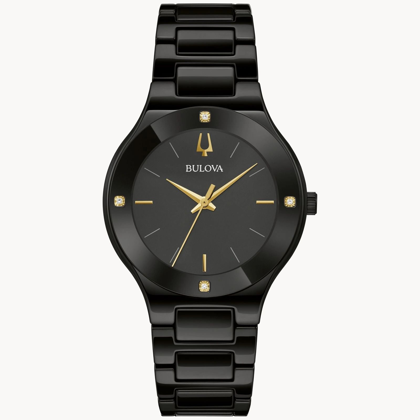 Elegant black and gold wristwatch with a sleek metal band.